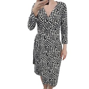 DIANE VON FURSTENBERG Stretch Wrap Knee Length Dress In Black‎ & White XS Career